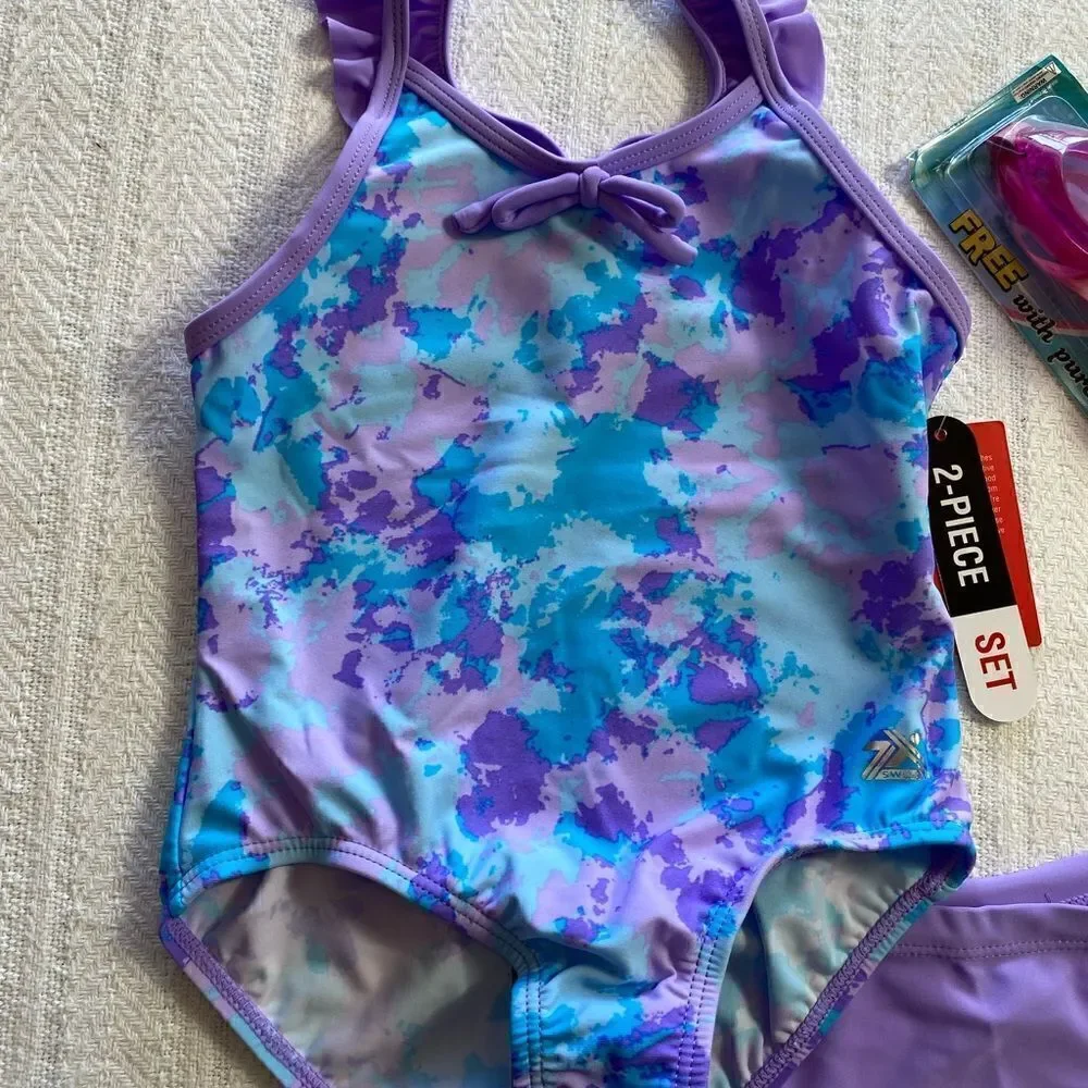 ZEROXPOSUR Girl’s Print One-Piece & Cover-Up Skirt Swimsuit with Goggles